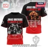 Jonas Brothers The Burning Up Tour Anniversary Shirt featuring black fabric, band member photos, tour dates, and signatures.