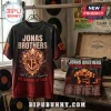Jonas Brothers The Burning Up Tour Concert Shirt with flaming shield logo, black base, and red gradient on cotton fabric.