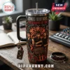 Jonas Brothers The Burning Up Tour Stanley Tumbler 40oz featuring band portraits, fire graphics, and musical instrument icons.