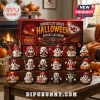 Kansas City Chiefs Halloween 24-Piece Advent Calendar features miniature ghosts wearing team apparel on a tiered shelf.