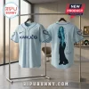 Karol G Album Signature Light Blue Baseball Jersey with barbed wire graphics and artist portrait on the back.
