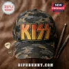 KISS Band Golden Logo Camo Baseball Cap featuring a gradient yellow and orange logo on a dark woodland camouflage fabric.