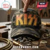 KISS Band Golden Logo Camo Baseball Cap featuring an orange and yellow gradient logo on a dark green woodland camo fabric.