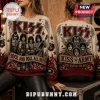 KISS Rock and Roll All Nite Ugly Sweater in beige with red and black band member graphics, metallic stars, and flame motifs.