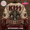 KISS Rock and Roll All Nite Ugly Sweater in beige and red with band member portraits, lightning bolts, and fire patterns.
