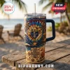 Knights of Columbus 40oz Stanley Tumbler with tropical beach artwork, K of C emblem, and core virtues text.