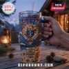 Knights of Columbus 40oz Stanley Tumbler with tropical beach motif, K of C emblem, and charity, unity, and patriotism text.