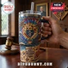 Knights of Columbus 40oz Stanley Tumbler with tropical scenery, K of C logo, and core values printed on a vacuum tumbler.