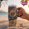 Knights of Columbus 40oz Stanley Tumbler featuring beach scenery, K of C emblem, and core virtues on a stainless steel cup.