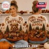 Knit Your Happy Season Autumn Cable Knit Sweater featuring a brown bear knitting pattern on an off-white textured base.