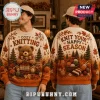 Knit Your Happy Season Autumn Cable Knit Sweater featuring bear, yarn, pine trees, and fall leaves on cream and orange fabric.