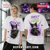 Kuromi Monster Energy Kawaii Goth T-Shirt featuring a cartoon character riding a beverage can with purple flame graphics.
