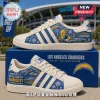 Los Angeles Chargers Adidas Lace Casual Sneakers featuring blue team graphics, a team mascot, and palm tree motifs.