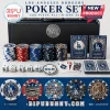 Los Angeles Dodgers 500-Piece Professional Poker Set with carrying case, themed chips, playing cards, dice, and dealer button.