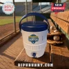 Los Angeles Dodgers Back-to-Back World Series Champions Mini Cooler in white and blue, sitting on a wooden dugout bench.