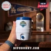 Los Angeles Dodgers Back-to-Back World Series Champions mini cooler with a blue lid, white body, and straw in hand.