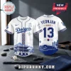 Los Angeles Dodgers Yeonjun Korean Heritage Baseball Jersey with blue graphics of traditional architecture on white fabric.