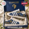 Los Angeles Rams Adidas Campus Casual Shoes in a navy collector box featuring blue and white suede football motifs.