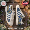 Los Angeles Rams Adidas Campus Casual Shoes featuring blue leather, white stripes, gold ram mascots, and stadium imagery.