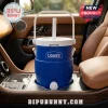 Lowe's Portable Blue Mini Cooler Jug with white handle and spout lid, situated in a vehicle center console cup holder.