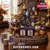 LSU Tigers Halloween Countdown Calendar featuring a tiger mascot, haunted castle, ghosts, and pumpkins in purple and gold.