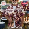 Manly-Warringah Sea Eagles Maroon Hawaiian Shirt featuring team logos, tropical palm trees, and beer graphics on light fabric.