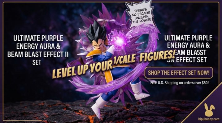 macro shot of the purple energy aura beam blast effect set for 1/12 scale action figures