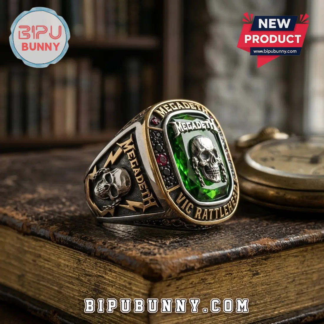 Megadeth Vic Rattlehead Green Stone Ring Megadeth Vic Rattlehead Green Stone Ring