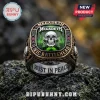 Megadeth Vic Rattlehead Green Stone Ring with silver skull emblem, metallic band, and Rust in Peace engraving.
