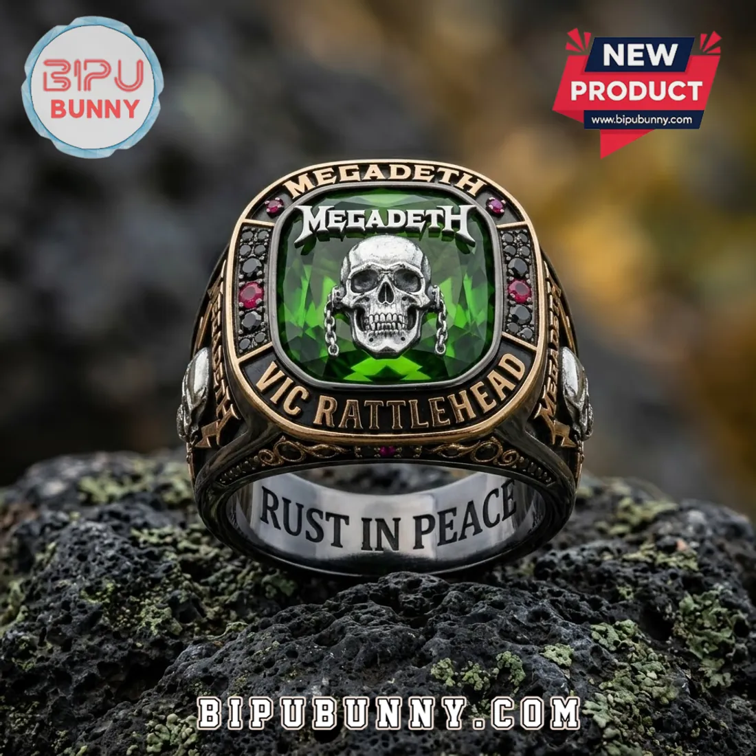 Megadeth Vic Rattlehead Green Stone Ring Megadeth Vic Rattlehead Green Stone Ring