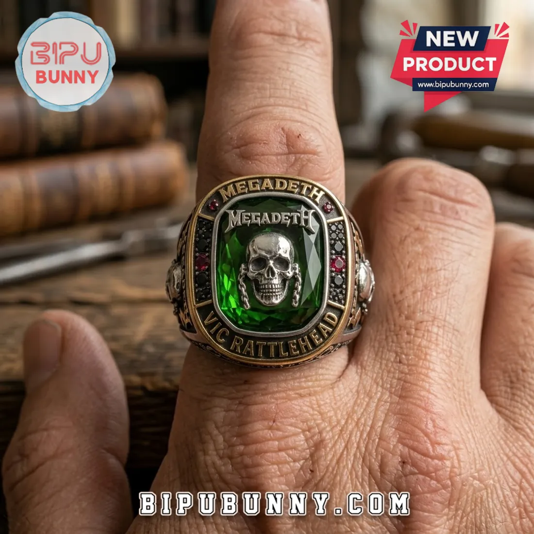 Megadeth Vic Rattlehead Green Stone Ring Megadeth Vic Rattlehead Green Stone Ring