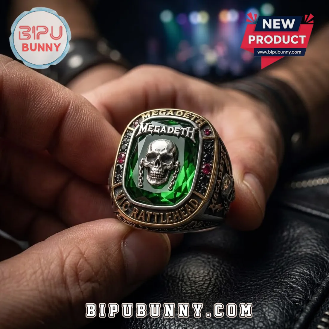 Megadeth Vic Rattlehead Green Stone Ring Megadeth Vic Rattlehead Green Stone Ring