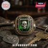 Megadeth Vic Rattlehead Green Stone Ring with central silver skull emblem, antique metal finish, and red side accents.