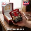 Metallica 45th Anniversary Edition whiskey glass in red glass with gold Master of Puppets graphic and commemorative text.