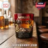 Metallica 45th Anniversary Edition whiskey glass featuring gold Master of Puppets motifs on deep red transparent glass.