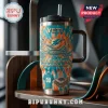 Miami Dolphins 60th Anniversary YETI Tumbler with orange and teal tie-dye print, team logo, and stadium graphic.