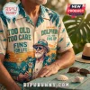 Miami Dolphins Sunset Summer Hawaiian shirt featuring a bearded man in a hat with team colors and palm tree graphics.