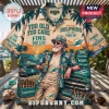 Miami Dolphins Sunset Summer Hawaiian Shirt featuring an elderly man, tropical sunset, and team branding in aqua and orange.