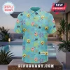 Miami Marlins SpongeBob SquarePants blue Hawaiian shirt featuring a repeating pattern of cartoon characters and team logos.