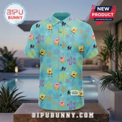Miami Marlins SpongeBob SquarePants Blue Hawaiian Shirt