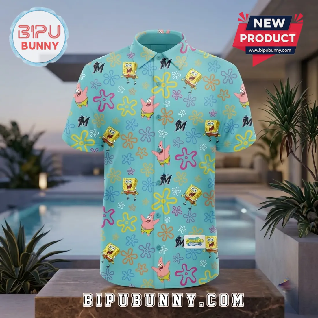 Miami Marlins SpongeBob SquarePants Blue Hawaiian Shirt Miami Marlins SpongeBob SquarePants Blue Hawaiian Shirt