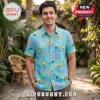 Miami Marlins SpongeBob SquarePants blue Hawaiian shirt featuring cartoon characters and baseball logos on a light blue base.