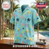 Miami Marlins SpongeBob SquarePants blue Hawaiian shirt featuring cartoon characters and baseball team logos.