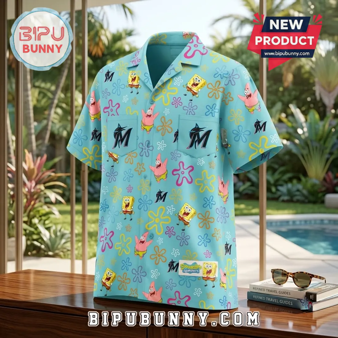 Miami Marlins SpongeBob SquarePants Blue Hawaiian Shirt Miami Marlins SpongeBob SquarePants Blue Hawaiian Shirt