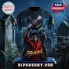 Michael Jackson Thriller Zombie Pullover Hoodie featuring MJ in a red jacket holding a vinyl record amidst a graveyard.
