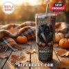 Michael Myers The Night He Came Home 40oz Tumbler with hood, knife, pumpkins, and Harvestfest text on wood table background.