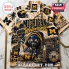 Michigan Wolverines National Champions Hawaiian shirt with bear, stadium, trophy, and team graphics on beige fabric.