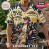 Michigan Wolverines NCAA Mascot Hawaiian Shirt featuring a bearded man in a fedora, tropical palms, and team logos.