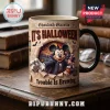 Mickey and Minnie Mouse Halloween Ceramic Mug with vampire and witch designs on a vintage newspaper background.