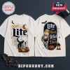 Miller Lite Halloween Skeleton T-Shirt 2026 features vintage beer graphics, crescent moon, and skeleton hand imagery.